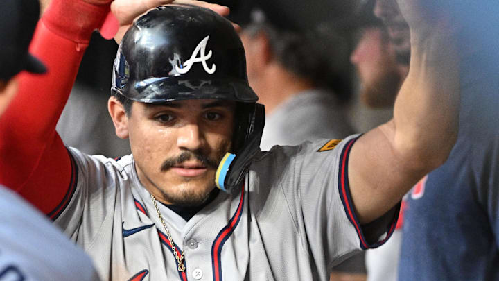 Atlanta Braves shortstop Nacho Alvarez Jr. (17) is congratulated after scoring a run against the Milwaukee Brewers in the third inning at American Family Field. Mandatory Credit: Michael McLoone-Imagn Images