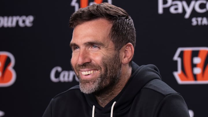 Bengals quarterback Joe Flacco smiles during a press conference at Paycor Stadium in Cincinnati on Oct. 14, 2025.
