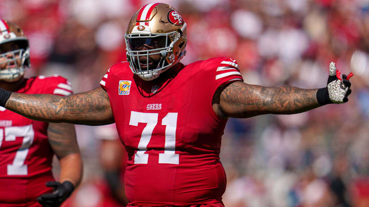 Sep 29, 2024; Santa Clara, California, USA; San Francisco 49ers offensive tackle Trent Williams (71) reacts after a foul negates a touchdown against the New England Patriots during the second quarter at Levi's Stadium. Mandatory Credit: Neville E. Guard-Imagn Images