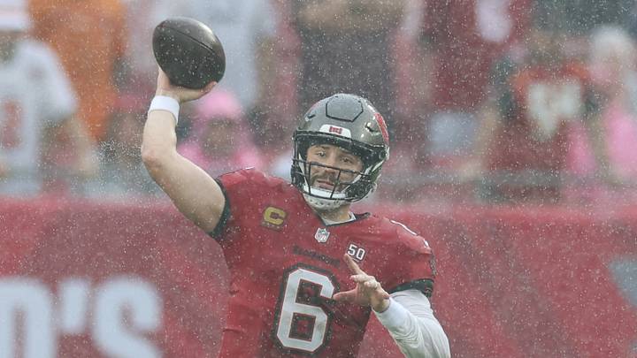 Dec 7, 2025; Tampa, Florida, USA; Tampa Bay Buccaneers quarterback Baker Mayfield (6) throws downfield during a heavy downpour during the third quarter against the New Orleans Saints at Raymond James Stadium. Dec 7, 2025; Tampa, Florida, USA; Tampa Bay Buccaneers quarterback Baker Mayfield (6) throws downfield during a heavy downpour during the third quarter against the New Orleans Saints at Raymond James Stadium.