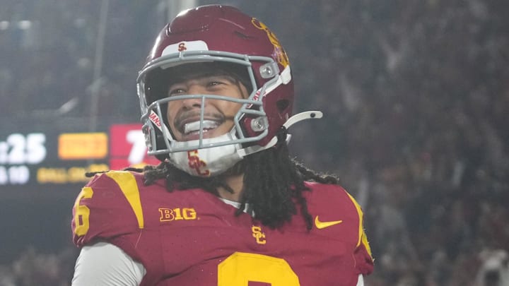 Nov 29, 2025; Los Angeles, California, USA; Southern California Trojans wide receiver Makai Lemon (6) celebrates after catching a 32-yard touchdown pass against the UCLA Bruins in the second half at United Airlines Field at Los Angeles Memorial Coliseum. Mandatory Credit: Kirby Lee-Imagn Images Nov 29, 2025; Los Angeles, California, USA; Southern California Trojans wide receiver Makai Lemon (6) celebrates after catching a 32-yard touchdown pass against the UCLA Bruins in the second half at United Airlines Field at Los Angeles Memorial Coliseum. Mandatory Credit: Kirby Lee-Imagn Images