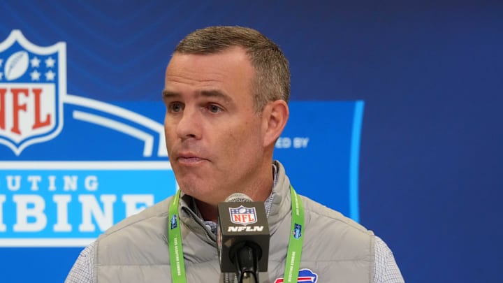 Feb 25, 2025; Indianapolis, IN, USA; Buffalo Bills general manager Brandon Beane speaks during the NFL Scouting Combine at the Indiana Convention Center. Mandatory Credit: Kirby Lee-Imagn Images Feb 25, 2025; Indianapolis, IN, USA; Buffalo Bills general manager Brandon Beane speaks during the NFL Scouting Combine at the Indiana Convention Center. Mandatory Credit: Kirby Lee-Imagn Images