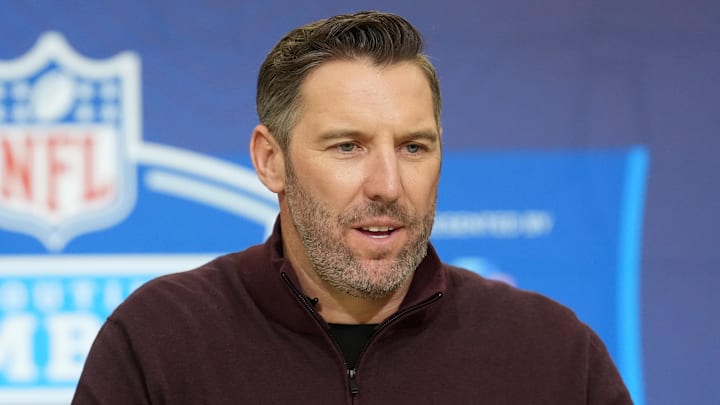 Feb 24, 2026; Indianapolis, IN, USA; Washington Commanders general manager Adam Peters speaks at the NFL Scouting Combine at the Indiana Convention Center. Mandatory Credit: Kirby Lee-Imagn Images