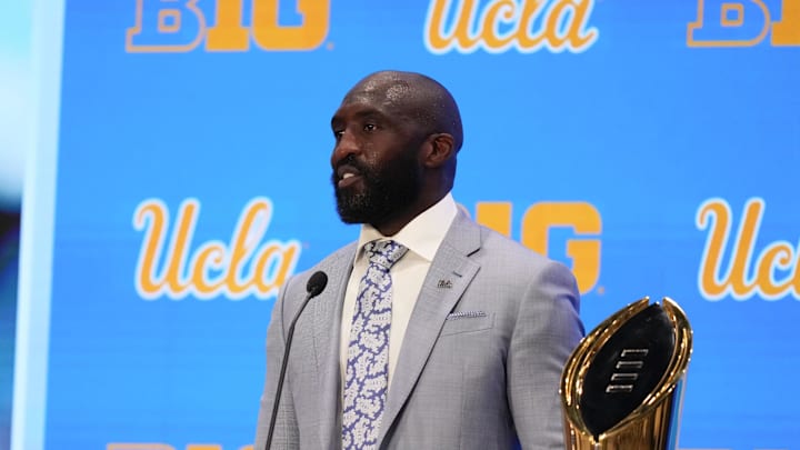 Jul 24, 2025; Las Vegas, NV, USA; UCLA head coach DeShaun Foster speaks to the media during the Big Ten NCAA college football media days at Mandalay Bay Resort. Mandatory Credit: Lucas Peltier-Imagn Images