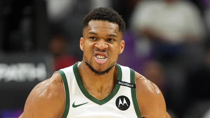 Milwaukee Bucks forward Giannis Antetokounmpo (34) reacts after scoring against the Sacramento Kings during the fourth quarter at Golden 1 Center on March 22, 2025.