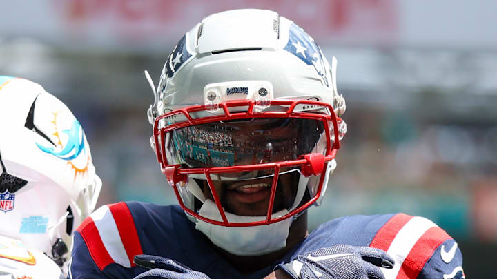 New England Patriots wide receiver Kayshon Boutte races after scoring a touchdown against the Miami Dolphins.