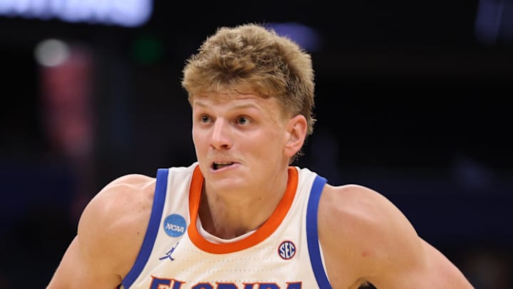 Mar 20, 2026; Tampa, FL, USA; Florida Gators forward Thomas Haugh (10) moves the ball during the first half against the Prairie View A&M Panthers during a first round game of the men's 2026 NCAA Tournament at Benchmark International Arena. Mandatory Credit: Nathan Ray Seebeck-Imagn Images