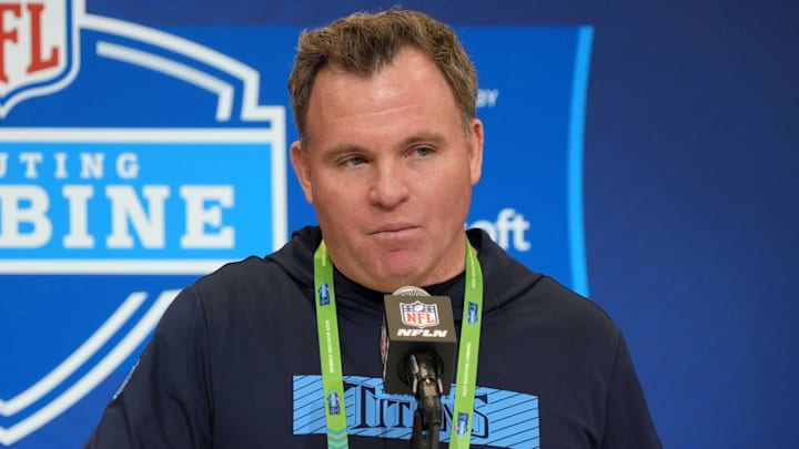 Feb 25, 2025; Indianapolis, IN, USA; Tennessee Titans general manager Mike Borgonzi speaks during the NFL Scouting Combine at the Indiana Convention Center. Mandatory Credit: Kirby Lee-Imagn Images Feb 25, 2025; Indianapolis, IN, USA; Tennessee Titans general manager Mike Borgonzi speaks during the NFL Scouting Combine at the Indiana Convention Center. Mandatory Credit: Kirby Lee-Imagn Images