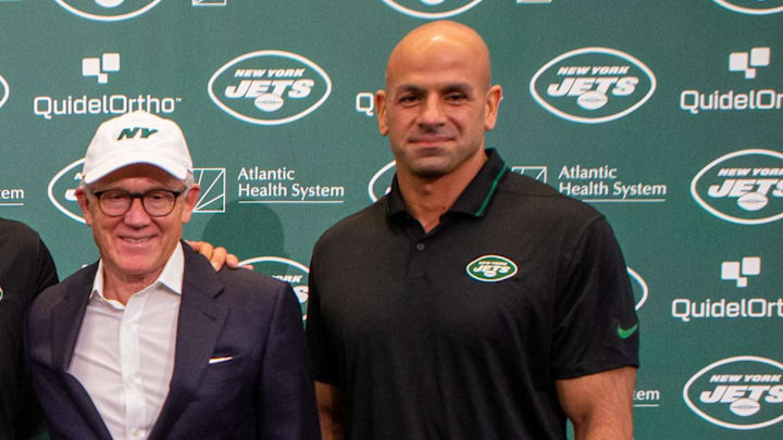 New York Jets owner Woody Johnson (left) and head coach Robert Saleh (right)