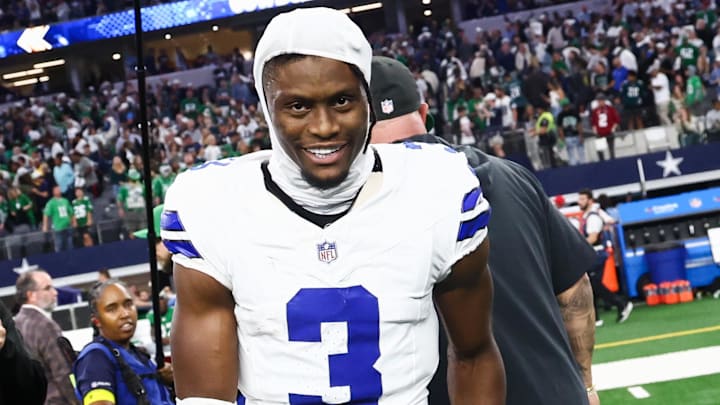 Nov 23, 2025; Arlington, Texas, USA; Dallas Cowboys wide receiver George Pickens (3) smiles after the game against the Philadelphia Eagles at AT&T Stadium. Mandatory Credit: Kevin Jairaj-Imagn Images