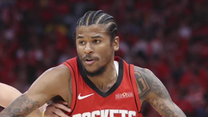 Apr 20, 2025; Houston, Texas, USA; Houston Rockets guard Jalen Green (4) drives with the ball as Golden State Warriors guard Stephen Curry (30) defends during the third quarter at Toyota Center. Mandatory Credit: Troy Taormina-Imagn Images