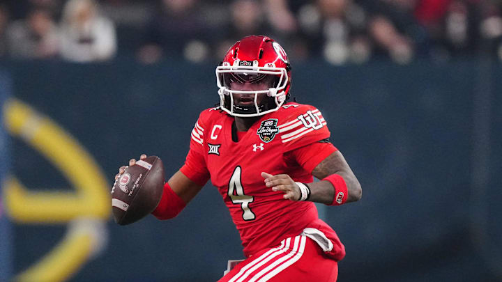 Utah Utes quarterback Devon Dampier (4) throws the ball against Nebraska Cornhuskers in the second half during the SRS Distribution Las Vegas Bowl at Allegiant Stadium.