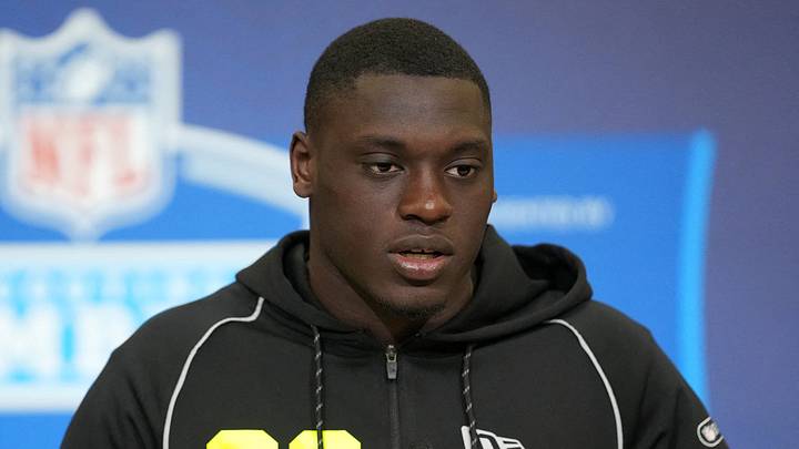 Feb 25, 2026; Indianapolis, IN, USA; Miami linebacker Wesley Bissainthe (LB03) speaks during the NFL Scouting Combine at the Indiana Convention Center. Mandatory Credit: Kirby Lee-Imagn Images