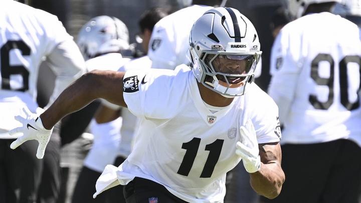 May 28, 2026; Henderson, NV, USA; Las Vegas Raiders safety Jeremy Chinn (11) runs a drill during organized team activities at Intermountain Health Performance Center. Mandatory Credit: Candice Ward-Imagn Images