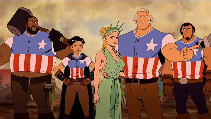 AMERICA: THE MOTION PICTURE - (L-R) Killer Mike as "Blacksmith", Olivia Munn as "Thomas Edison", Judy Greer as "Martha Dandridge", Channing Tatum as "George Washington", Jason Mantzoukas as "Samuel Adams" and Bobby Moynihan as "Paul Revere". Cr: America, The Motion Picture, LLC. © 2021