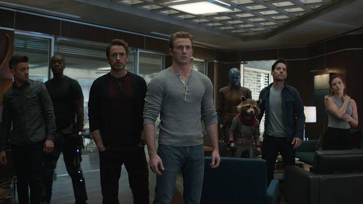 Marvel Studios' AVENGERS: ENDGAME..L to R: Hawkeye/Clint Barton (Jeremy Renner), War Machine/James Rhodey (Don Cheadle), Iron Man/Tony Stark (Robert Downey Jr.), Captain America/Steve Rogers (Chris Evans), Nebula (Karen Gillan), Rocket (voiced by Bradley Cooper), Ant-Man/Scott Lang (Paul Rudd) and Black Widow/Natasha Romanoff (Scarlett Johansson)..Photo: Film Frame..©Marvel Studios 2019