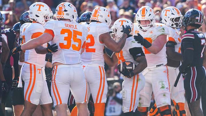 Tennessee celebrates after running back DeSean Bishop (18) scores a touchdown during a college football game at Williams-Brice Stadium in Columbia, S.C., on Oct. 24, 2026. Tennessee celebrates after running back DeSean Bishop (18) scores a touchdown during a college football game at Williams-Brice Stadium in Columbia, S.C., on Oct. 24, 2026.