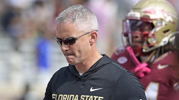 Oct 11, 2025; Tallahassee, Florida, USA; Florida State Seminoles head coach Mike Norvell after losing the game to the Pittsburgh Panthers at Doak S. Campbell Stadium. Mandatory Credit: Melina Myers-Imagn Images