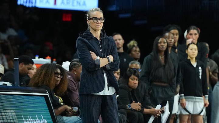 Aug 15, 2026; Las Vegas, Nevada, USA; Las Vegas Aces head coach Becky Hammon looks on against the Minnesota Lynx in the third quarter at Michelob Ultra Arena. Mandatory Credit: Candice Ward-Imagn Images