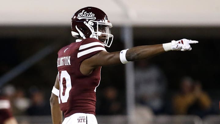 Mississippi State Bulldogs defensive back Corey Ellington (10) reacts after a defensive stop during the first half against the Mississippi Rebels at Davis Wade Stadium at Scott Field. Mississippi State Bulldogs defensive back Corey Ellington (10) reacts after a defensive stop during the first half against the Mississippi Rebels at Davis Wade Stadium at Scott Field.