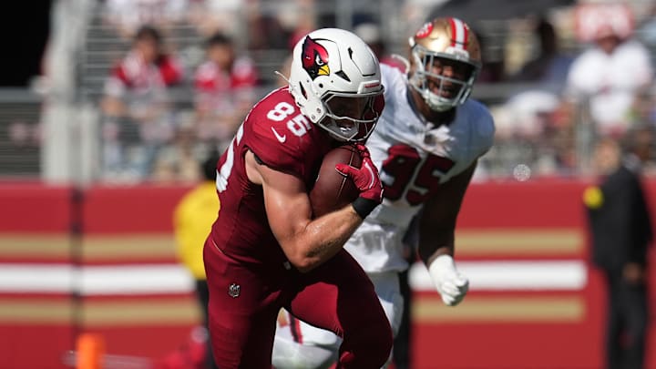 Sep 21, 2025; Santa Clara, California, USA; Arizona Cardinals tight end Trey McBride (85) runs after the catch against the San Francisco 49ers during the second half at Levi's Stadium. Mandatory Credit: Cary Edmondson-Imagn Images