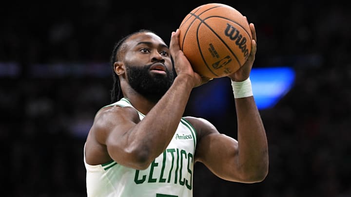 Mar 8, 2025; Boston, Massachusetts, USA; Boston Celtics guard Jaylen Brown (7) takes a free throw against the Los Angeles Lakers during the fourth quarter at the TD Garden. Mandatory Credit: Brian Fluharty-Imagn Images