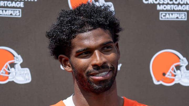 Shedeur Sanders answers media questions at the end of the Browns mini camp in Berea on April 21, 2026.