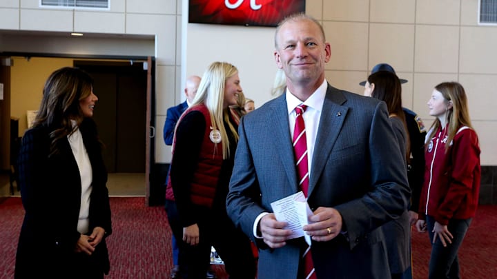 Jan 13, 2024; Tuscaloosa, AL, USA; The University of Alabama introduced new head football coach Kalen DeBoer with a press conference at Bryant-Denny Stadium. DeBoer enter the press conference room with a smile.