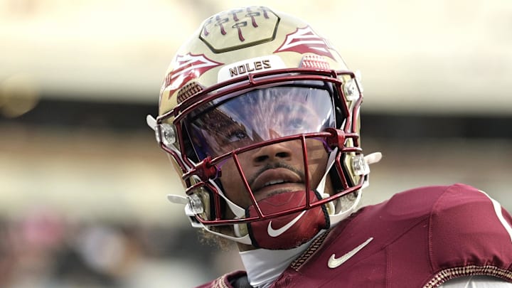 Oct 4, 2025; Tallahassee, Florida, USA; Florida State Seminoles quarterback Tommy Castellanos (1) warms up before a game against the Miami Hurricanes at Doak S. Campbell Stadium. Mandatory Credit: Melina Myers-Imagn Images