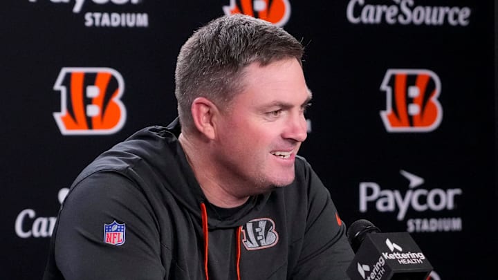 Cincinnati Bengals head coach Zac Taylor talks about newly signed defense tackle Dexter Lawrence in a press conference at Paycor Stadium in Cincinnati on Monday, April 20, 2026.