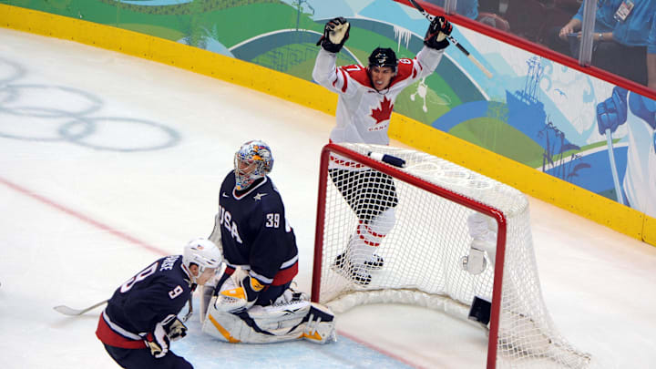 Feb 28, 2010; Vancouver, BC, CANADA;  Canada forward Sidney Crosby (87) scores the game winning goal in overtime against the USA during the mens hockey gold medal match in the 2010 Vancouver Winter Olympics at Canada Hockey Place. Mandatory Credit: Kyle Terada-Imagn Images