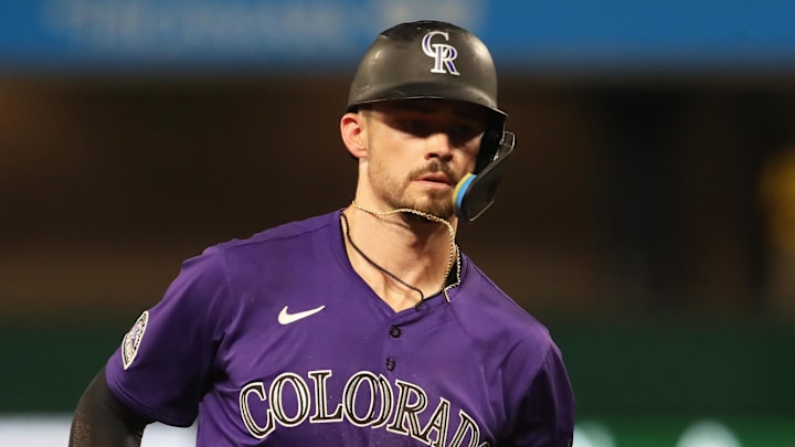 Colorado Rockies center fielder Brenton Doyle (9) circles the bases on a solo home run against the Pittsburgh Pirates