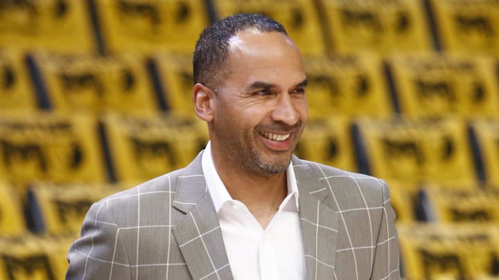 Apr 18, 2025; Memphis, Tennessee, USA; Dallas Mavericks general manager Nico Harrison watches warm ups prior to a game against the Memphis Grizzlies at FedExForum. Mandatory Credit: Petre Thomas-Imagn Images Apr 18, 2025; Memphis, Tennessee, USA; Dallas Mavericks general manager Nico Harrison watches warm ups prior to a game against the Memphis Grizzlies at FedExForum. Mandatory Credit: Petre Thomas-Imagn Images