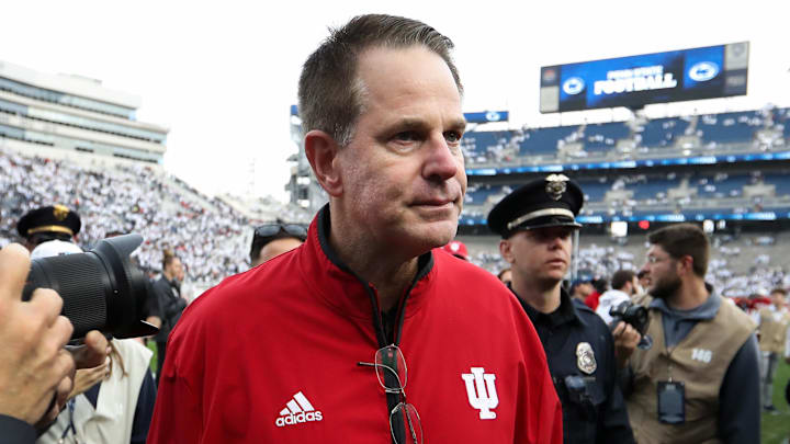 Indiana Hoosiers football coach Curt Cignetti walks off the field after defeating the Penn State Nittany Lions at Beaver Stadium. 