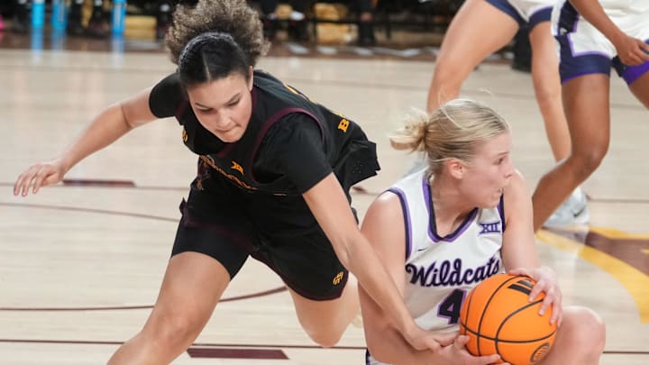Kansas State Wildcats forward Nastja Claessens (4) steals the ball away from ASU Sun Devils forward McKinna Brackens (21) at Desert Financial Arena in Tempe on Feb. 1, 2026.