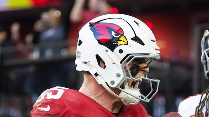 Jan 5, 2025; Glendale, Arizona, USA; Arizona Cardinals tight end Trey McBride (85) celebrates after catching a touchdown pass against San Francisco 49ers linebacker Fred Warner (54) in the first half at State Farm Stadium. Mandatory Credit: Mark J. Rebilas-Imagn Images Jan 5, 2025; Glendale, Arizona, USA; Arizona Cardinals tight end Trey McBride (85) celebrates after catching a touchdown pass against San Francisco 49ers linebacker Fred Warner (54) in the first half at State Farm Stadium. Mandatory Credit: Mark J. Rebilas-Imagn Images