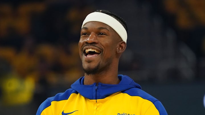 May 10, 2025; San Francisco, California, USA; Golden State Warriors forward Jimmy Butler III (10) warms up before game three of the second round for the 2025 NBA Playoffs against the Minnesota Timberwolves at Chase Center. Mandatory Credit: David Gonzales-Imagn Images