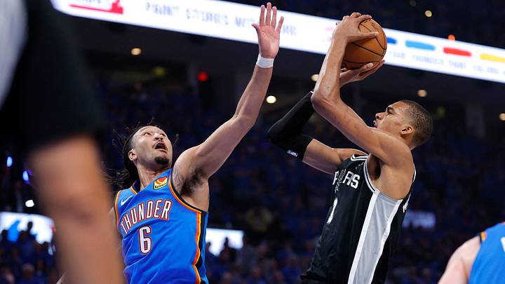 May 30, 2026; Oklahoma City, Oklahoma, USA; San Antonio Spurs forward Victor Wembanyama (1) shoots against Oklahoma City Thunder forward Jaylin Williams (6) in the second quarter during Game 7 of the Western Conference Finals for the 2026 NBA playoffs at Paycom Center. May 30, 2026; Oklahoma City, Oklahoma, USA; San Antonio Spurs forward Victor Wembanyama (1) shoots against Oklahoma City Thunder forward Jaylin Williams (6) in the second quarter during Game 7 of the Western Conference Finals for the 2026 NBA playoffs at Paycom Center.