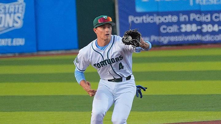 Daytona Tortugas infielder Tyson Lewis (4) catches the ball at second base against the Jupiter Hammerheads on Opening Day, April 2, 2026, at Jackie Robinson Ballpark.
