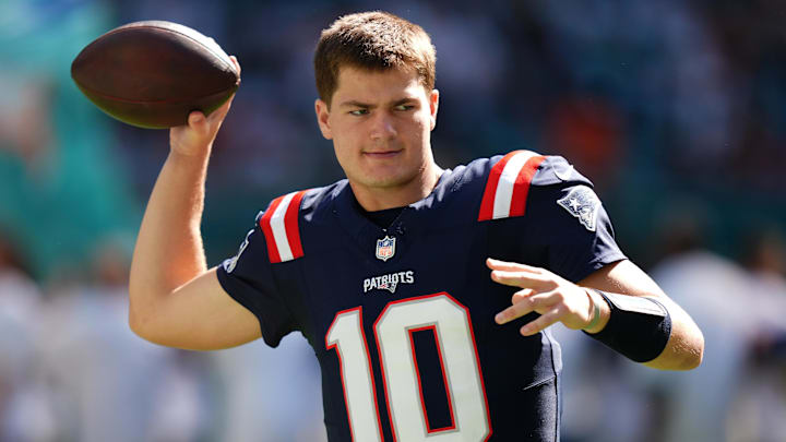 Nov 24, 2024; Miami Gardens, Florida, USA; New England Patriots quarterback Drake Maye (10) warms up prior to the game against the Miami Dolphins at Hard Rock Stadium. Mandatory Credit: Jasen Vinlove-Imagn Images