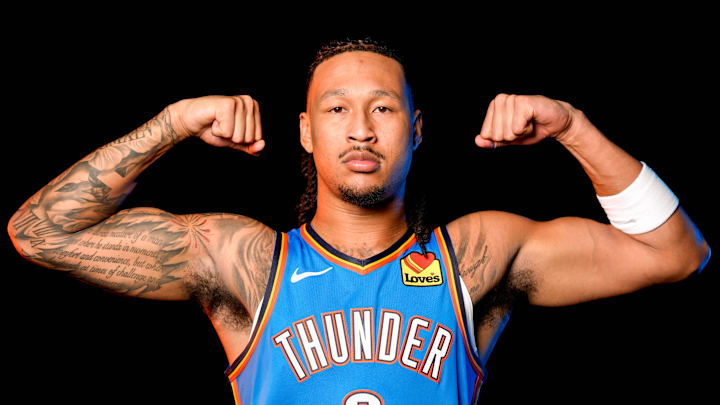 Jaylin Williams is pictured during the Thunder media day at the Paycom Center in Oklahoma City, on Monday, Sept. 30, 2024.