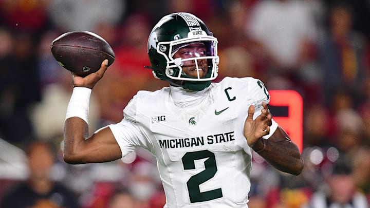 Sep 20, 2025; Los Angeles, California, USA; Michigan State Spartans quarterback Aidan Chiles (2) throws against the Southern California Trojans during the second half at the Los Angeles Memorial Coliseum. 
