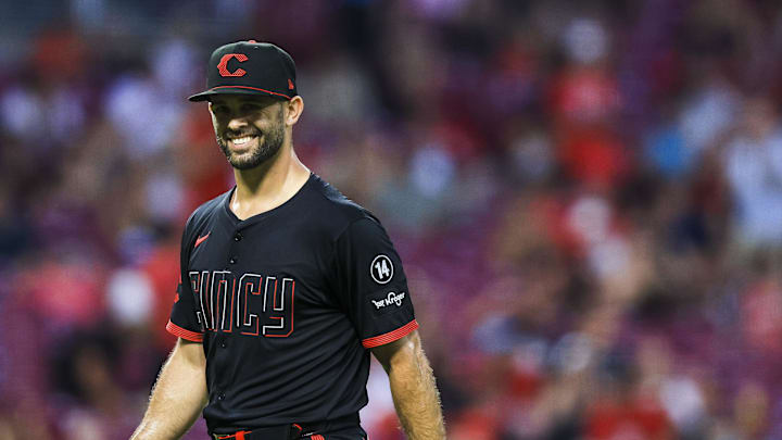 Jun 27, 2025; Cincinnati, Ohio, USA; Cincinnati Reds starting pitcher Nick Martinez (28) walks off the field at the end of the sixth inning in the game against the San Diego Padres at Great American Ball Park. Mandatory Credit: Katie Stratman-Imagn Images