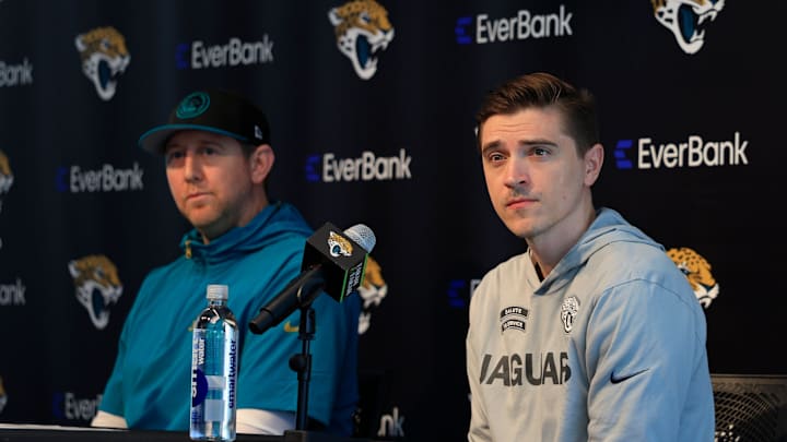 Jacksonville Jaguars general manager James Gladstone, right, listens to a question from the media next to Jacksonville Jaguars head coach Liam Coen during a press conference at Miller Electric Center Tuesday, April 15, 2025 in Jacksonville, Fla. [Corey Perrine/Florida Times-Union]