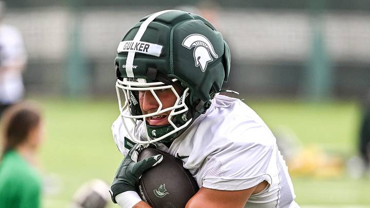 Michigan State tight end Carson Gulker runs after a catch during football practice on Thursday, Aug. 6, 2026, in East Lansing. Michigan State tight end Carson Gulker runs after a catch during football practice on Thursday, Aug. 6, 2026, in East Lansing.