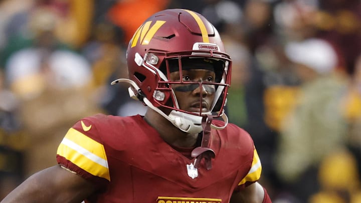 Nov 10, 2024; Landover, Maryland, USA; Washington Commanders wide receiver Terry McLaurin (17) looks on from the field during final minute of the game against the Pittsburgh Steelers at Northwest Stadium. Mandatory Credit: Amber Searls-Imagn Images