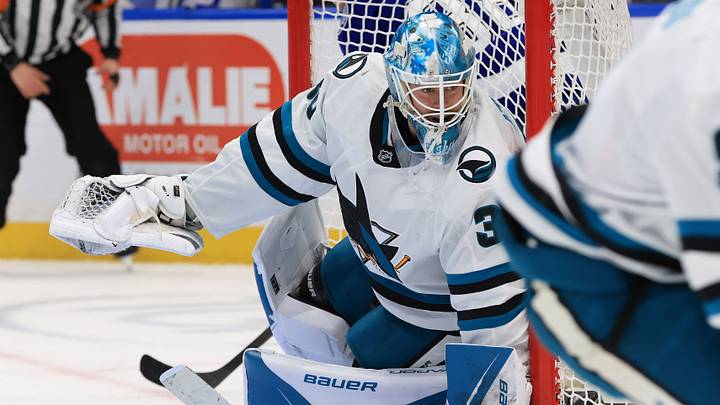 Jan 20, 2026; Tampa, Florida, USA; San Jose Sharks goaltender Yaroslav Askarov (30) looks on against the Tampa Bay Lightning during the first period at Benchmark International Arena. Mandatory Credit: Kim Klement Neitzel-Imagn Images