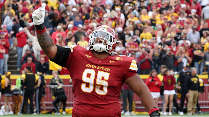 Sep 6, 2025; Ames, Iowa, USA; Iowa State Cyclones defensive lineman Domonique Orange (95) celebrates after a play against the Iowa Hawkeyes during the second half at Jack Trice Stadium.