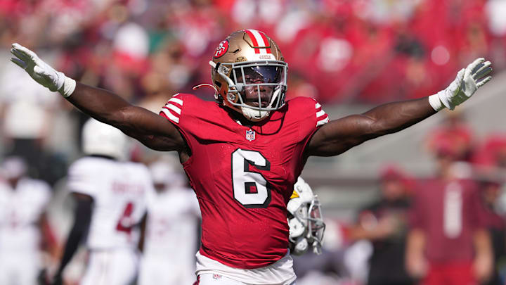 Oct 6, 2024; Santa Clara, California, USA; San Francisco 49ers safety Malik Mustapha (6) gestures after defending a pass against the Arizona Cardinals during the second quarter at Levi's Stadium. Mandatory Credit: Darren Yamashita-Imagn Images