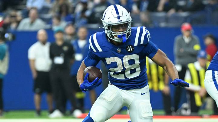 Dec 28, 2025; Indianapolis, Indiana, USA; Indianapolis Colts running back Jonathan Taylor (28) runs during the first half against the Jacksonville Jaguars at Lucas Oil Stadium. Mandatory Credit: Robert Goddin-Imagn Images Dec 28, 2025; Indianapolis, Indiana, USA; Indianapolis Colts running back Jonathan Taylor (28) runs during the first half against the Jacksonville Jaguars at Lucas Oil Stadium. Mandatory Credit: Robert Goddin-Imagn Images